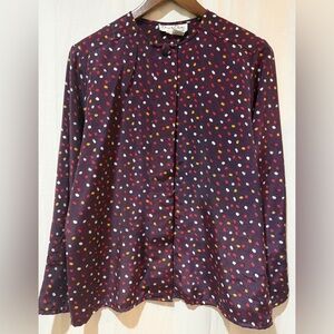 Oscar de la Renta Vintage Polka Dot Blouse Top Hidden Button Down -Burgundy- 10